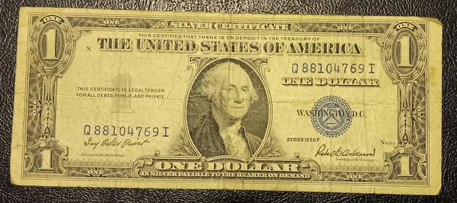 1935 F Silver Certificate, No Moto Blue Seal Old Currency Bank Note Q 88104769 I
