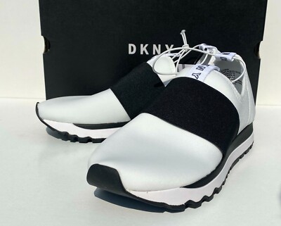 DKNY Da Donna Mocassini Scarpe Ginnastica Pantaloni Sportivi Slip On Nero Bianco Nuovo con Scatola 