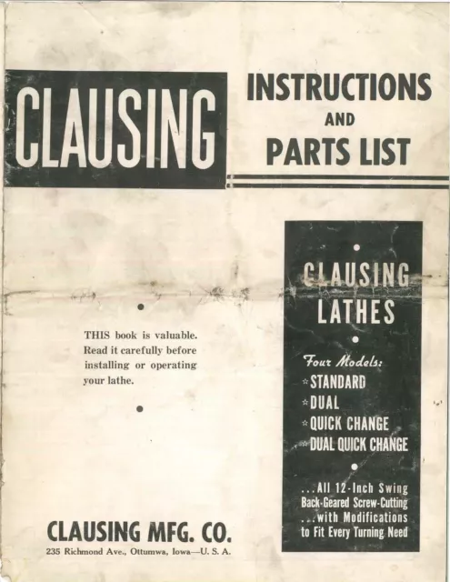 Lathes Instructions & Parts List Manual Fits 100 Series Clausing 12 Inch Mk.3