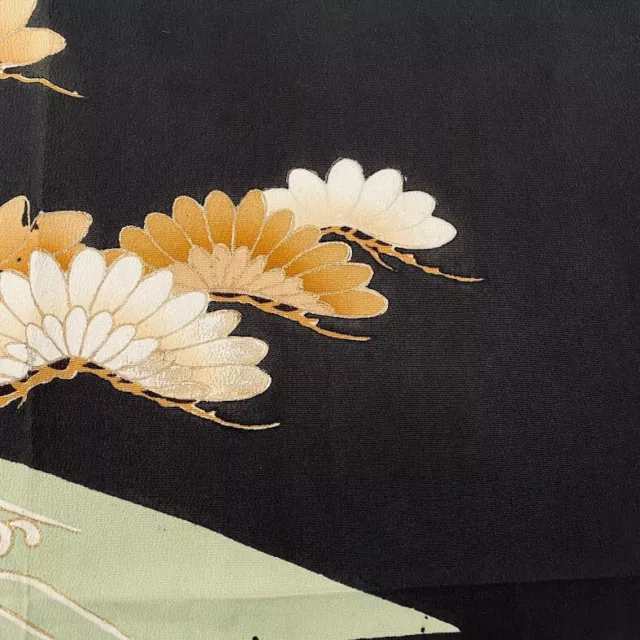 Pine #A 13.5x62 LONG Hand Painted Antique Tomesode Black Kimono Silk ToE7