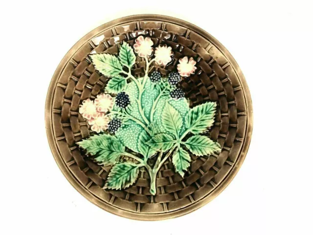 Antique Majolica Shallow Bowl Dish Plate Basket & Blackberry Motif