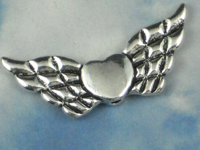 4 Winged Heart Beads LG Angel Wings 42mm Antiqued Silver Tone Spacer Bead #P893