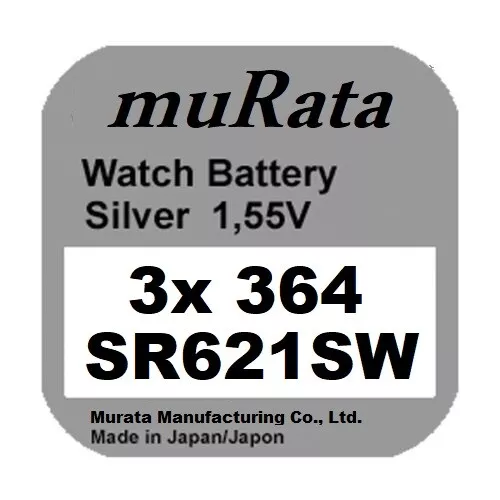 3x Murata/Sony 364 Uhren-Batterie Knopfzelle SR621SW AG1 Silberoxid Blister Neu