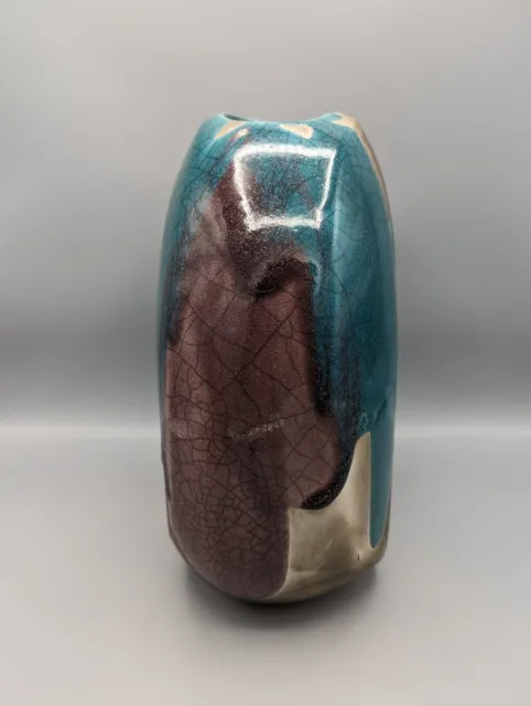 ✨ TONY EVANS RAKU Pot Vase Studio Art Pottery SIGNED #245 Purple Teal Turquoise 3