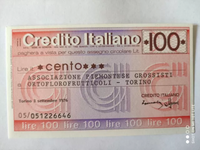 Miniassegni 100 Lire Credito Italiano 1976 Fds