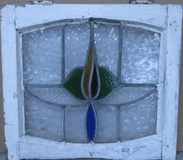 OLD ENGLISH LEADED STAINED GLASS WINDOW Abstract Floral 19" x 16.75"