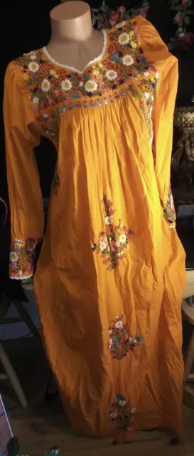 Vtg Mexican Quinceanera Embroidered Oaxacan Dress Cotton Caftan Puebla Maxi