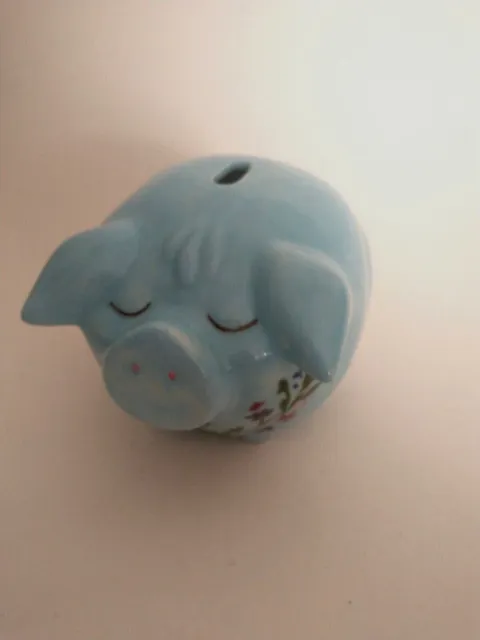 Vintage Piggy Bank Aqua Blue Ceramic Hand Painted Flowers