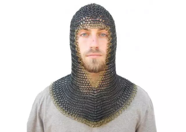 18.75" Medieval V Brass Face Mild Steel Renaissance Knights Chainmail Coif Armor