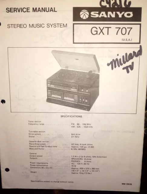 Sanyo Gxt707 Stereo Music System Original Service Manual