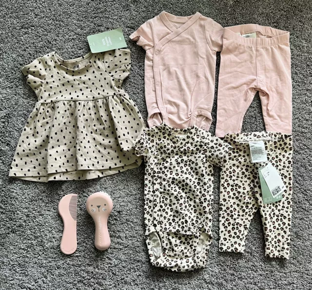 Bnwt New Baby Girl 1-2 Months Bundle H&M Vest Leggings Dress Brush Comb (#33)