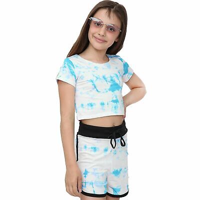 Kids Tie Dye Blue Crop Top & Shorts Set Active Wear Summer Girls Boys Age 5-13