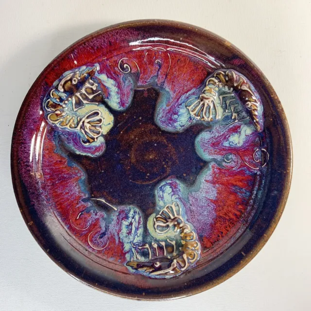 Amber Poole Signed Art Pottery Round Dish Tray Frog Shrimp Purple 2007 10.5”