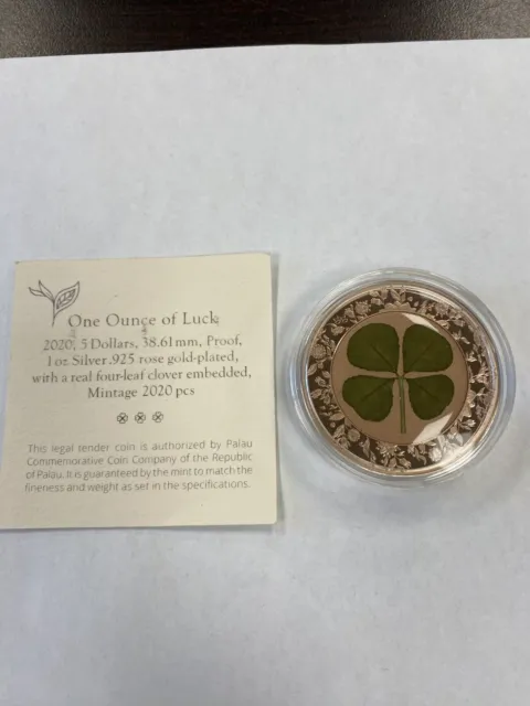 PALAU $5 2020 Rose Gold Plated Silver 1oz. 'OUNCE OF LUCK - Four Leaf Clover'