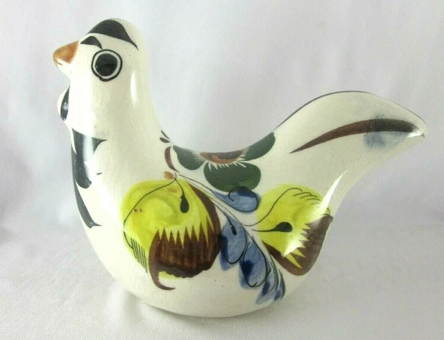 Vintage Mexico Tonala Hand Painted Chicken Ceramic Pottery White Blue Yellow