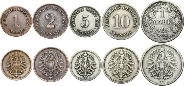 German Empire Collection 5 Coins 1 2 5 10 Pfennig + 1 Mark 1873-1889 LOT Silver