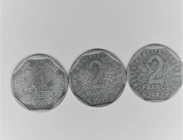 Lot 3 Pièces de 2 Francs    1982/Semeuse, 1993/Jean Moulin, 1995/Pasteur   TBE 2