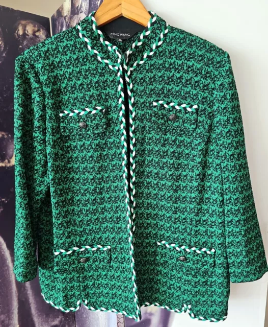 MING WANG Women's Green Tri Color Braided Trim Houndstooth Tweed Jacket XL AC01