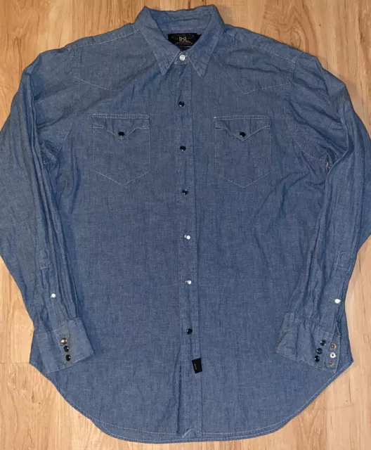 Ralph Lauren Double RL Pearl Snap Shirt - Men's LARGE Blue Western Denim - RRL