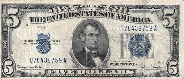 1934 Blue Seal $5 Silver Certificate lot of 4 Circulated Series A C D 4
