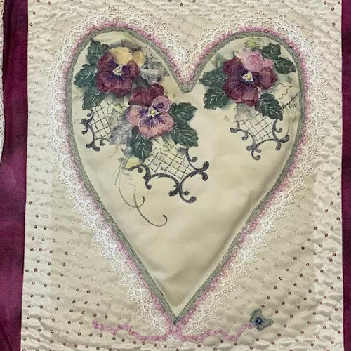 (1) Jenny Haskins Embroidery Silk Print Pansies Heart Design Cream