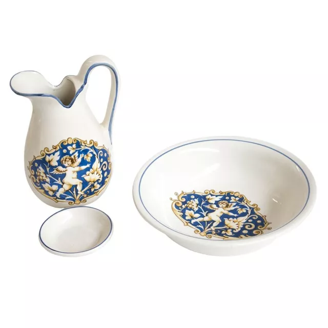 Tris set di ceramiche bianche dipinte a mano Deruta per lavabi antichi in ferro