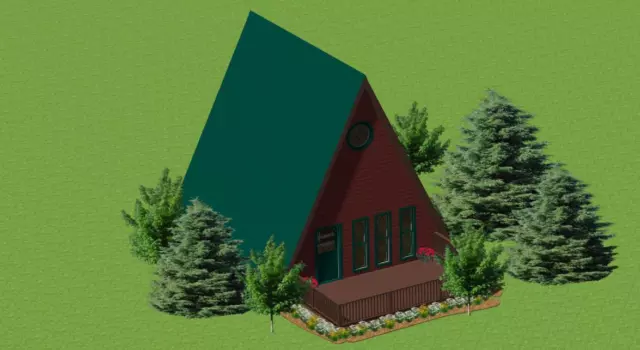 A-Frame Cabin Plans 800 sq.ft. with upper bedroom, outdoor deck FREE SHIPPING