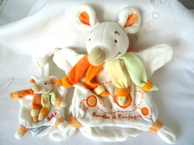 Souris Marionnette Doudou Et Compagnie  Maman + Bebe  Creme Orange  Broderie