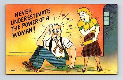 Postcard Comic Never Underestimate Power Of Woman Hits Man Rolling Pin AL1