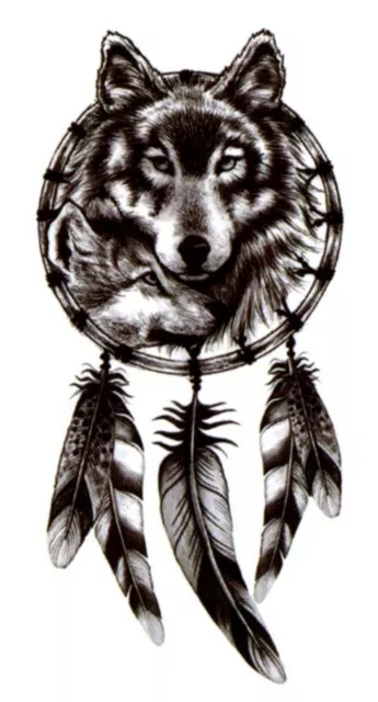 WOLF DREAMCATCHER Temporary Tattoo UK Body Art Black Animal Mens Womens Transfer