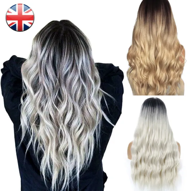 28" Women Ombre Blonde Long Curly Wigs Ladies Natural Wavy Hair Cosplay Wig UK