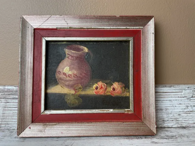 Original Framed Mini Vintage Still Life Painting Flowers Pottery Jug