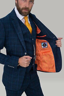 Mens Cavani Premium Wedding Tweed Cody Navy Blue Check Tailored Fit 3 Piece Suit