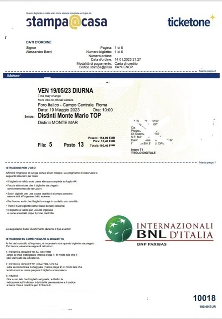Biglietti Internazionali Tennis Roma 19/05/2023 - distinti montemario top diurna