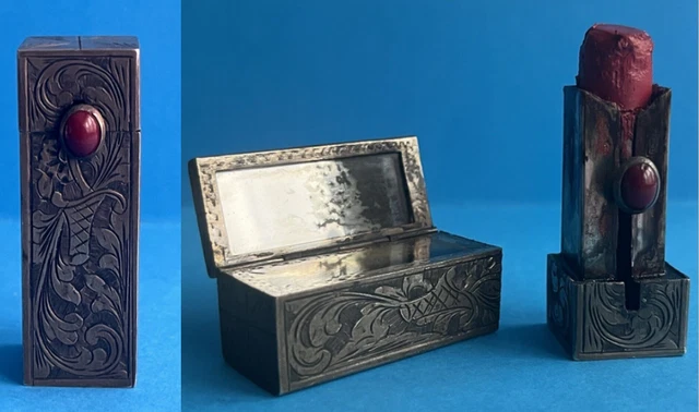 Miroir De Sac Vintage Argent 800 Avec étui Rouge à Lèvres - Cornaline, Circa 1925