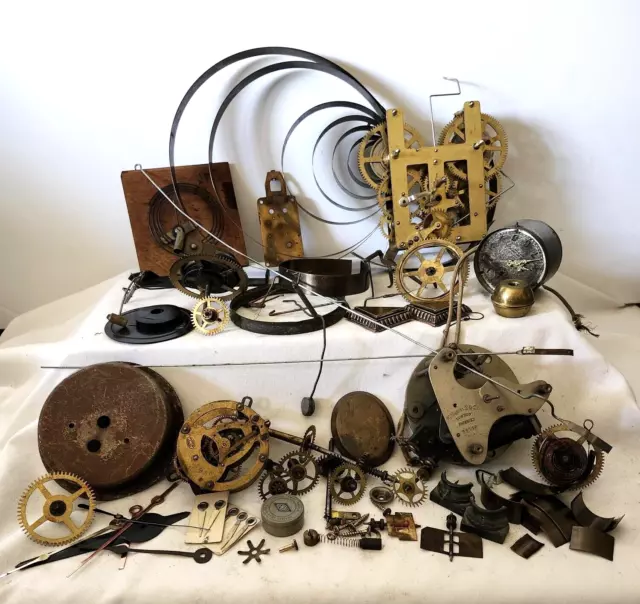 Lot of Vintage Clock Parts, Movements, Miscellaneous Gears, Brass Steampunk