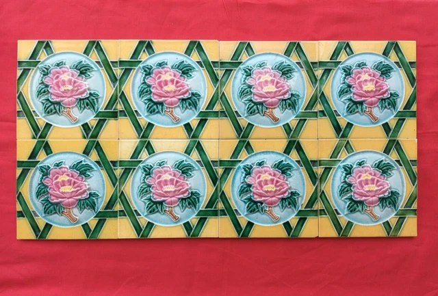 8 Piece Lot Old Art Embossed Flower Design Majolica Ceramic Tiles Japan 0137