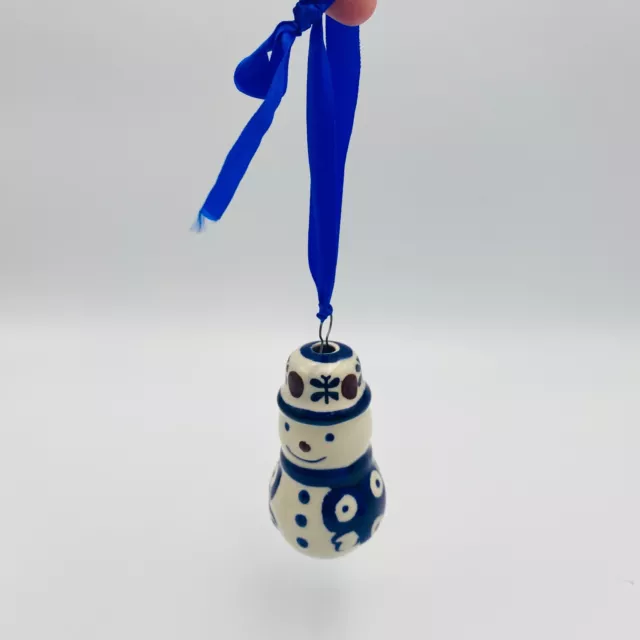 Polish Pottery Snowman Christmas Ornament Blue White Boleslawiec Handmade