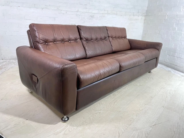EB4285 Danish Vintage 1970s Brown Leather Sofa, 3 Seats, Retro, MCM, M3SS