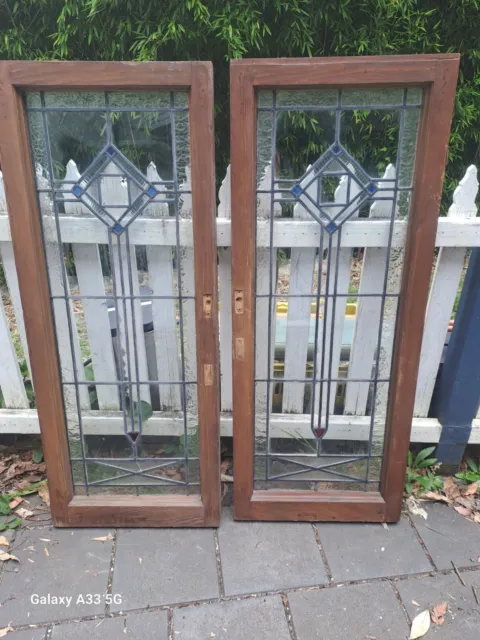 Pair Of Deco Oregon leadlight Casement Sash Window stained frosted glass