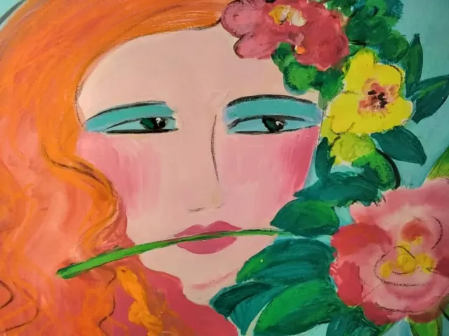 Original Painting Walasse Ting Chagall Matisse Style Woman Flowers Red Hair Rose