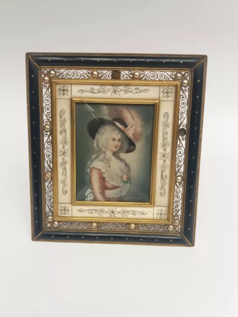 Fine 19thC.  French Sgd. GAINSBOROUGH Miniature Portrait Lady,  Filigree Frame.