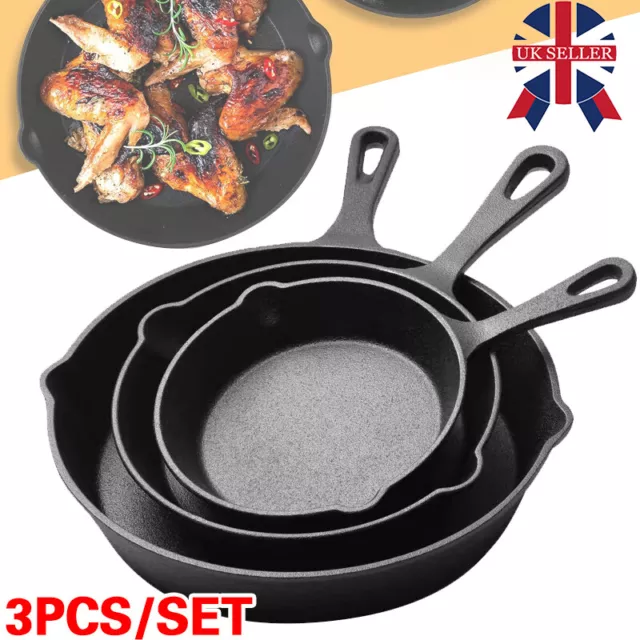 3X New Stick Frying Griddle Pan Set Cast Iron Barbecue Grill Fry Bbq Skillet K