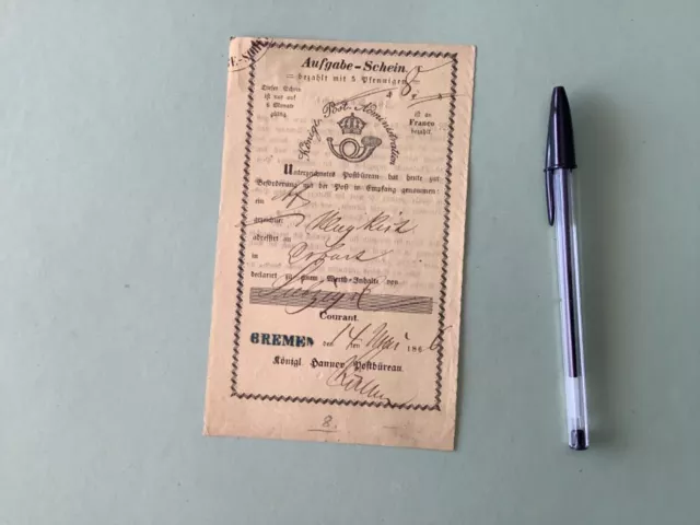 Kingdom of Hanover 1866 Bremen postal deposit certificate Ref A1563