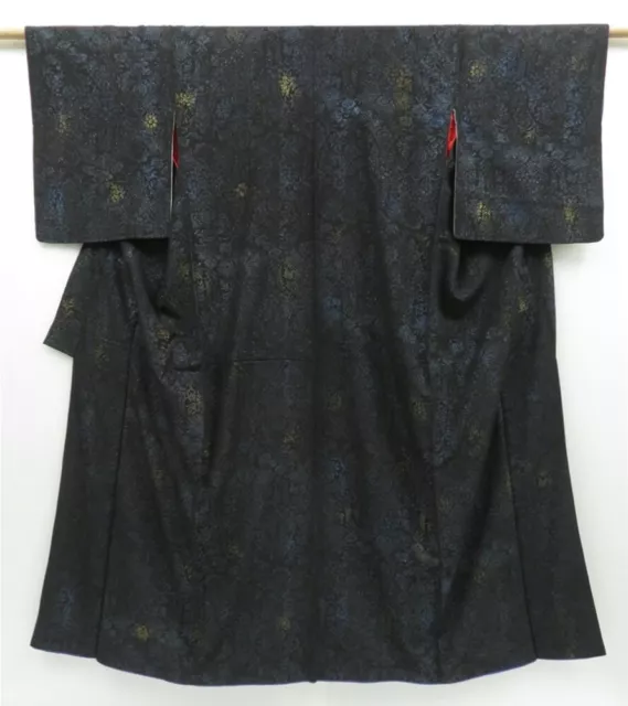 2423T10z540 Vintage Japanese Kimono Silk KOMON Flowers Black