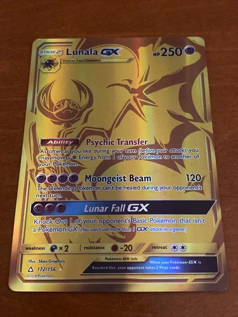 Pokemon Card Lunala GX Gold foil #172/156 Very Good Condition