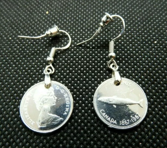 1967 Vintage Canadian Silver Fish Coin Earrings New - Handmade Dimes shipped USA 3