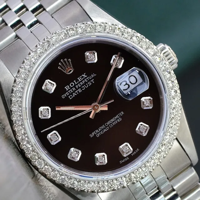 Rolex Mens Datejust  Steel Black Diamond Dial Diamond Bezel 36Mm Watch 16234