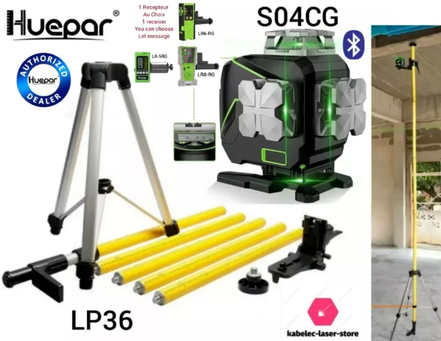 Set niveau laser huepar bluetooth S04CG bt vert 4d + canne LP36 + 1 récepteur
