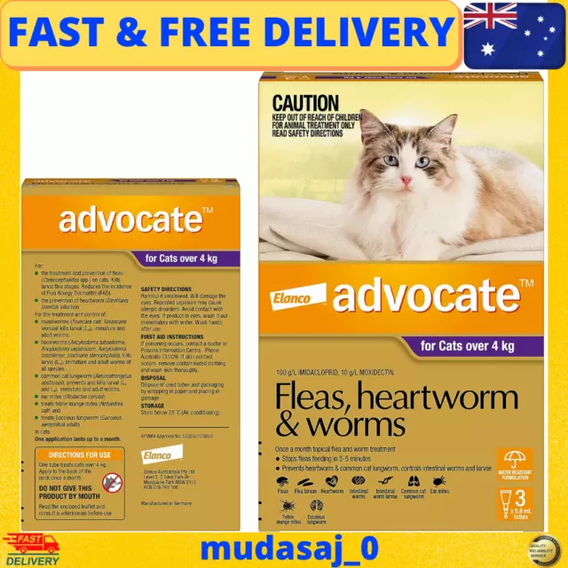 Advocate for Cats Flea Heartworm and Worm Treatment 3 Doses AU Free Shipping